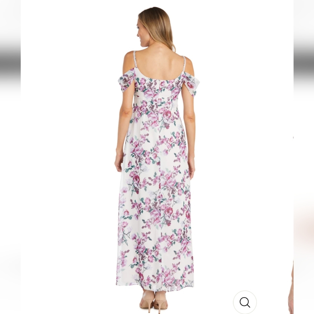 R&M Richards Rhinestone Off the Shoulder Floral Dress. White/ Purple/Green. 16 - Picture 5 of 16